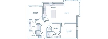 A floor plan of a house with two bedrooms, a kitchen, a living room, a bathroom with a shower, and a pan.