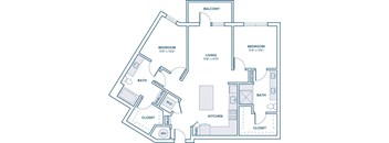 A floor plan of a house with two bedrooms, a living room, a closet, a bathroom, a kitchen, and a balcony.