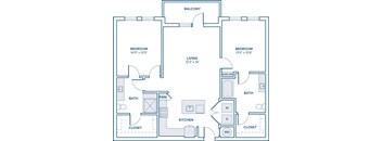A blueprint of a house layout with two bedrooms, a living room, a kitchen, and a bathroom.