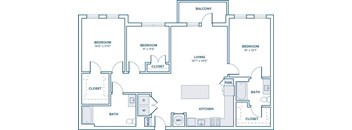 A floor plan of a house with three bedrooms, a living room, a kitchen, a bath, and a balcony.