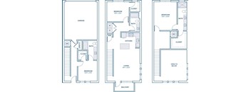 Three floor plans for a house with a garage, living room, and bedrooms.