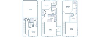 Three floor plans for a house with a garage, living room, and balcony.
