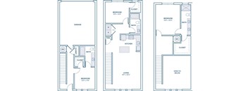 Three floor plans for a house with a garage, a living area, and a bedroom.