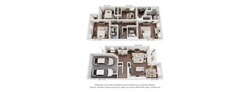 A floor plan of a two-story house with dimensions and a note about renderings.