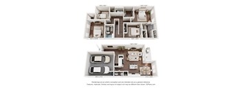 A floor plan of a two-story house with dimensions and a note about renderings.