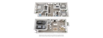 a stylized 3d floor plan of a house with a car and a balcony