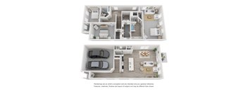 a stylized 3d floor plan of a house with a car and a balcony