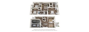 A 3D floor plan of a house with two bedrooms, a living room, a kitchen, and a garage.