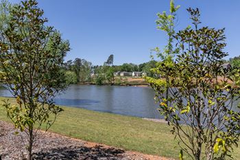 a view of a lake with trees and a house in the background