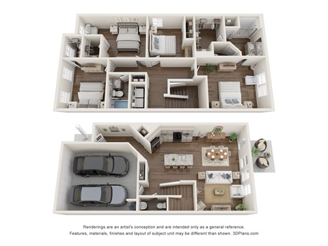 A 3D floor plan of a house with two bedrooms, a living room, a kitchen, a dining room, and a garage.