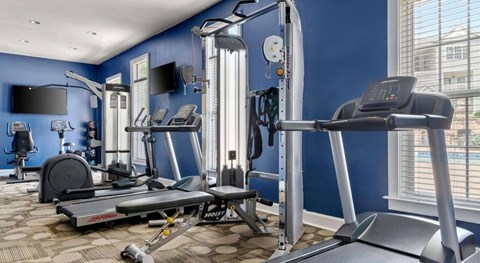 A well equipped gym with a treadmill, weights and exercise machines.