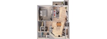 A 3D floor plan of a small apartment with a kitchen, living room, and bathroom.