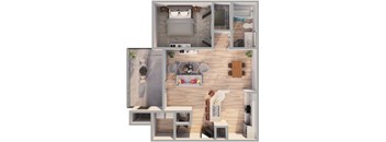 A top-down view of a living room with a couch, a coffee table, and a television.