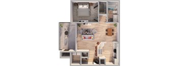 A top-down view of a living room with a couch, a coffee table, and a television.
