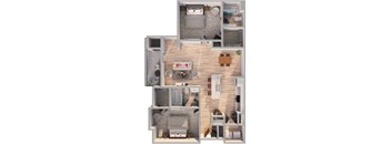A 3D floor plan of a house with multiple rooms.