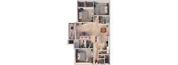 A 3D floor plan of a small apartment with a kitchen, living room, and two bedrooms.