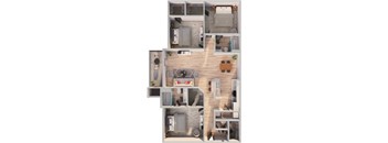 A top-down view of a small apartment layout with a kitchen, living room, and bedroom.