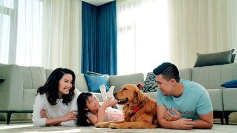 a family laying on the floor with a dog