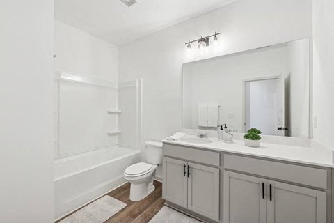 Secondary bathroom with tub shower and single vanity.