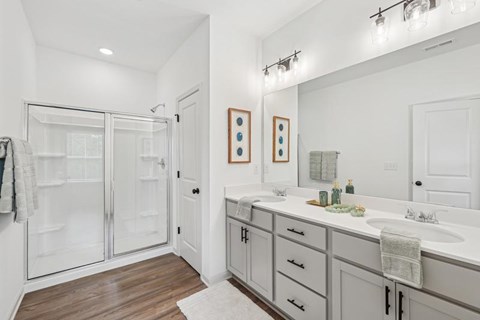 Primary bathroom with double vanity, and walk-in shower.