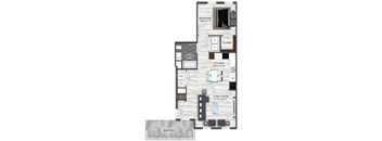 A floor plan of an apartment with a living room, kitchen, bathroom, bedroom, and balcony.