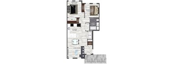 A floor plan of a two bedroom apartment with a living room and kitchen.