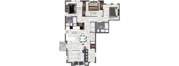 A floor plan of a house with three bedrooms, a living room, a kitchen, a bath, a deck, and a closet.