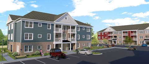 A rendering of a modern apartment complex with a parking lot in front.
