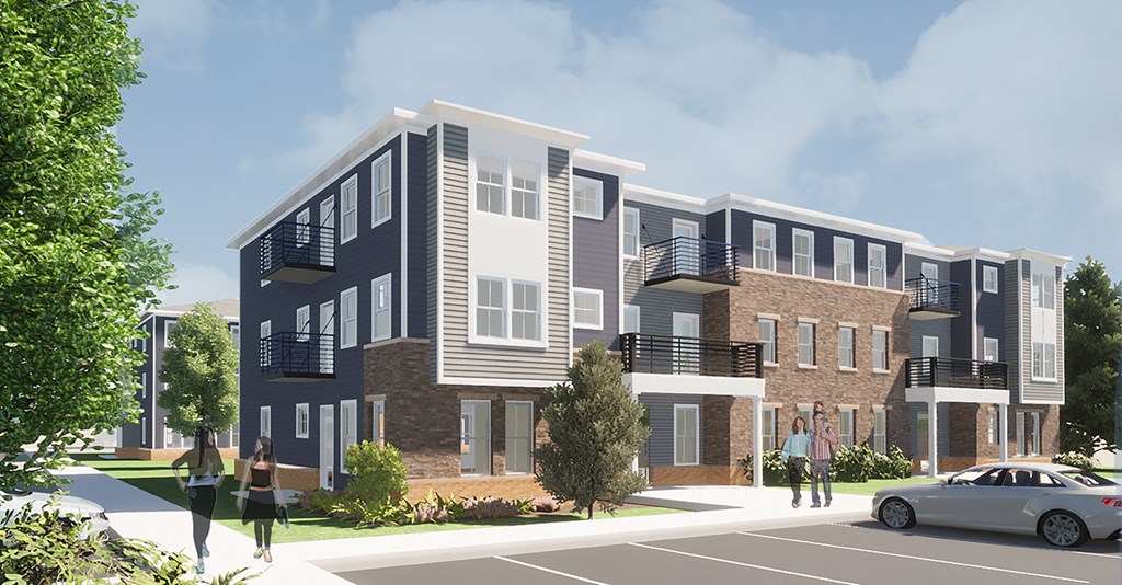 a rendering of a three story apartment building with a car on the street