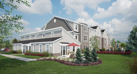 A rendering of a modern residential building with a red awning.