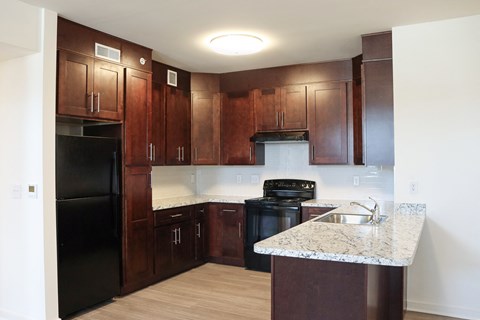 a kitchen with dark wood cabinets and granite counter tops and black appliances
