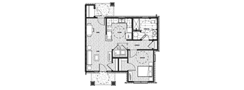 A black and white floor plan of a house with a kitchen, living room, and bathrooms.