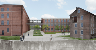 a rendering of a large brick building with people walking in front of it
