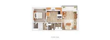 A floor plan of a house with a living room, kitchen, and bathroom.
