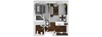 A top-down view of a living room with a couch, coffee table, and television.