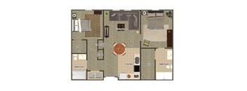 A floor plan of a house with a living room, two bedrooms, a kitchen, a bathroom, a closet, a linen closet, and a wardrobe.
