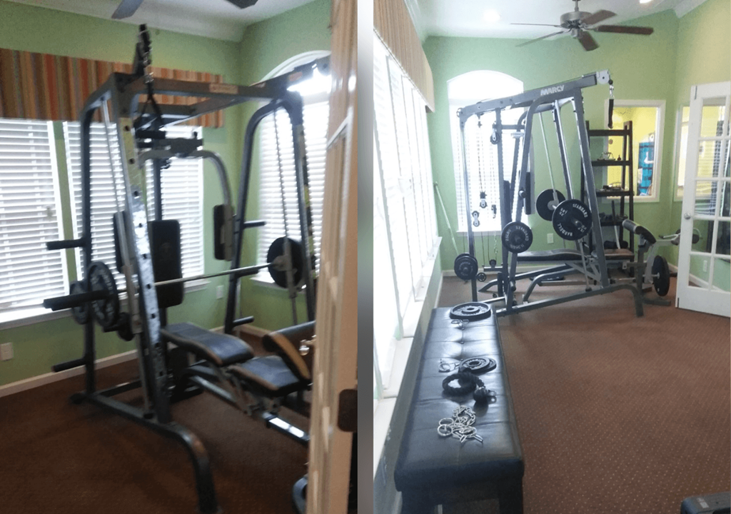 a before and after picture of a home gym with weights and equipment