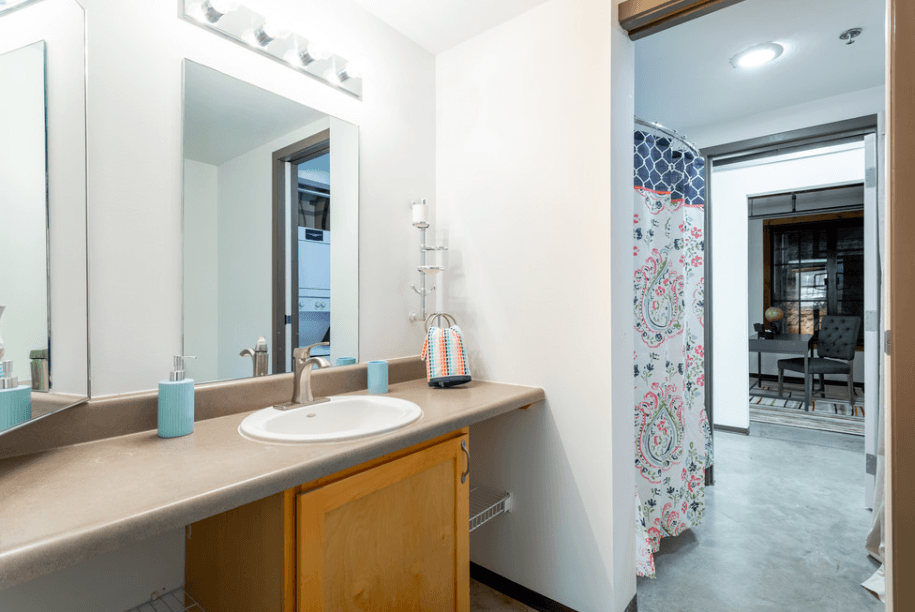 a bathroom with a sink and a mirror and a shower