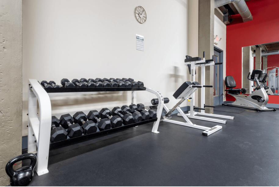 a gym with weights and a rack of dumbbells