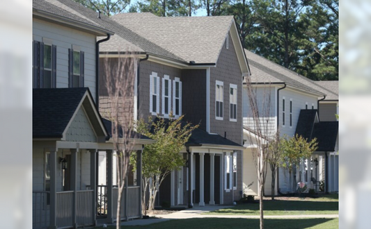 a row of houses with trees in front of them