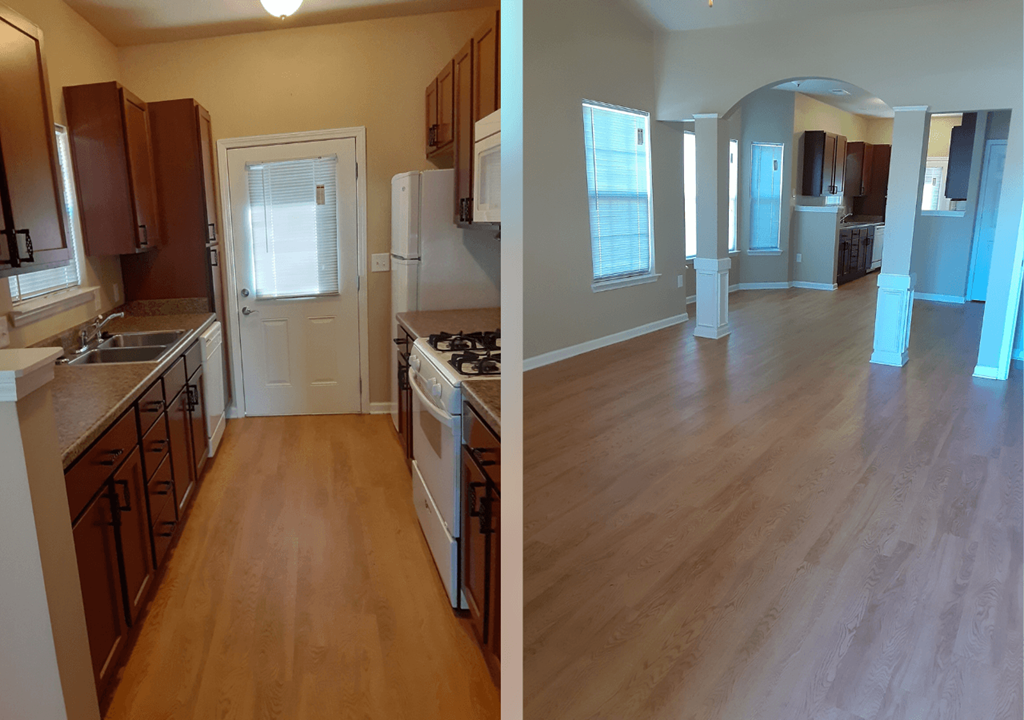 a before and after picture of a kitchen with wood floors
