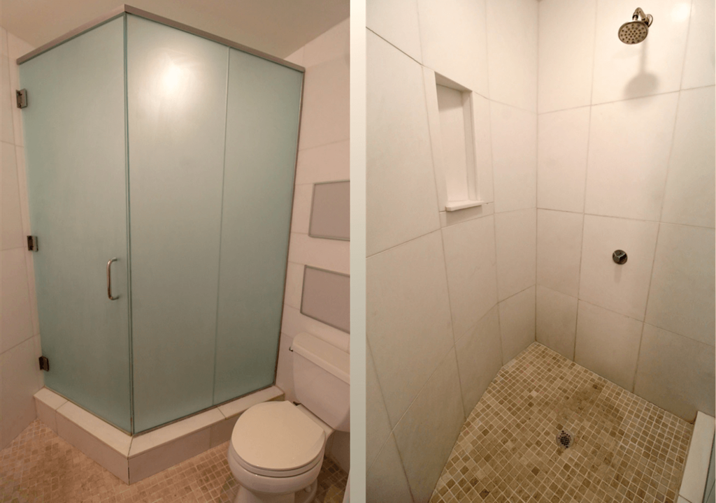 A bathroom with a toilet and a shower.