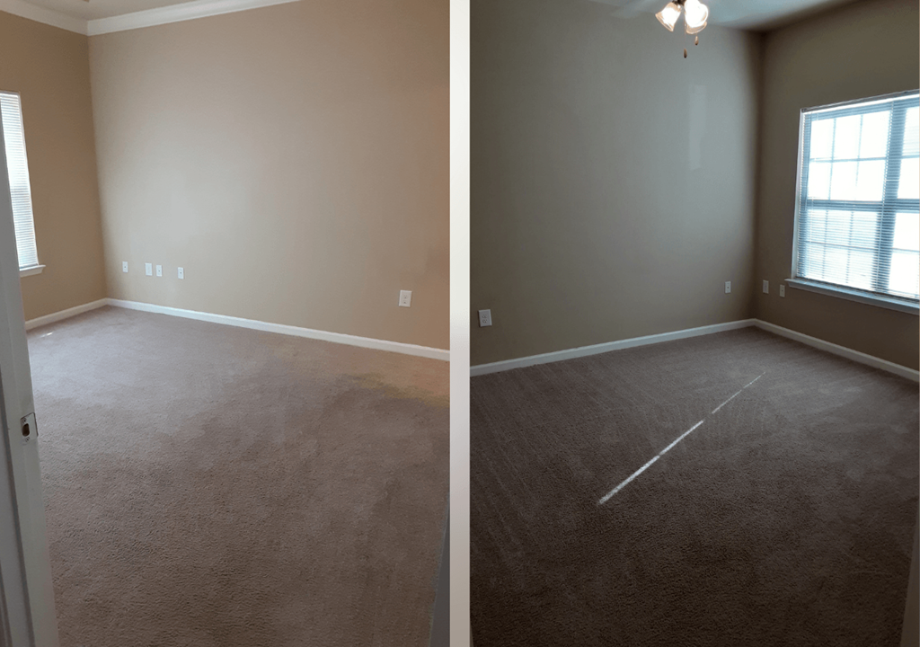 two pictures of an empty room with carpet and a window