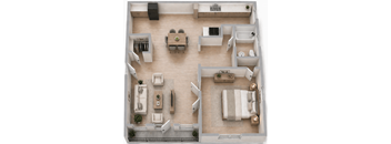 A top-down view of a well-furnished apartment with a living room, dining area, kitchen, and bedroom.