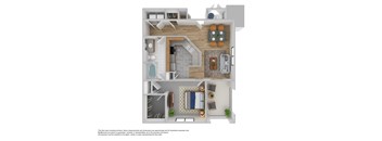 A 3D floor plan of a house with a living room, kitchen, dining room, and bathroom.