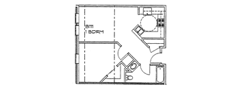 a floor plan of a small house with a bedroom and a bathroom