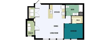 A floor plan of a living space with a kitchen, bathroom, and bedroom.