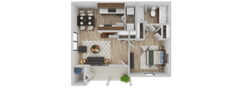 A top-down view of a modern apartment layout with a kitchen, living room, and bathroom.