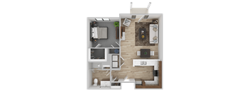 A top-down view of a small apartment with a kitchen, living room, and bathroom.