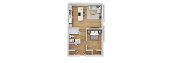 A top-down view of a small apartment with a kitchen, living room, and bedroom.